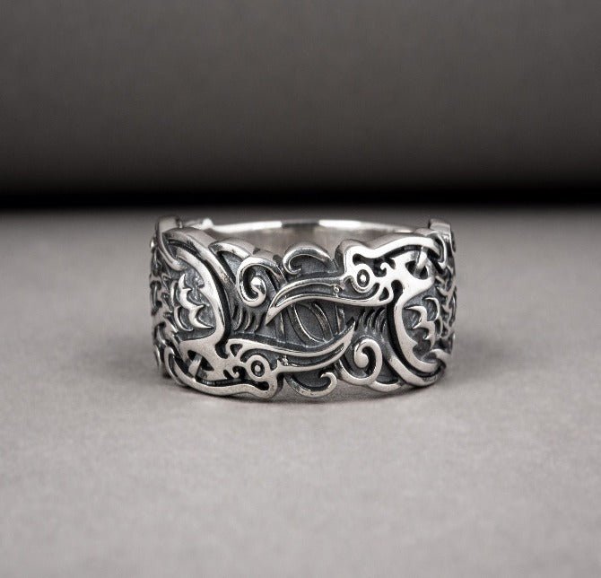 Sterling silver Viking ring with Ravens and unique ornament, handcrafted ancient style jewelry