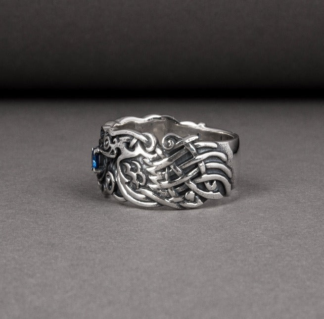 Handcrafted 925 silver Viking ring with Ravens and unique ornament, ancient norse jewelry