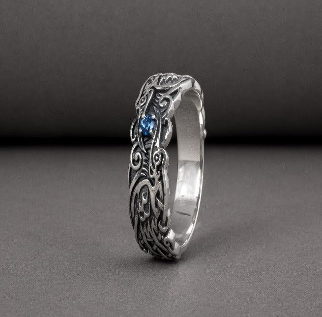 Handcrafted 925 silver Viking ring with Ravens and unique ornament, ancient norse jewelry