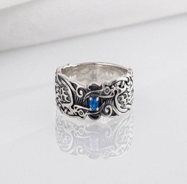 Handcrafted 925 silver Viking ring with Ravens and unique ornament, ancient norse jewelry