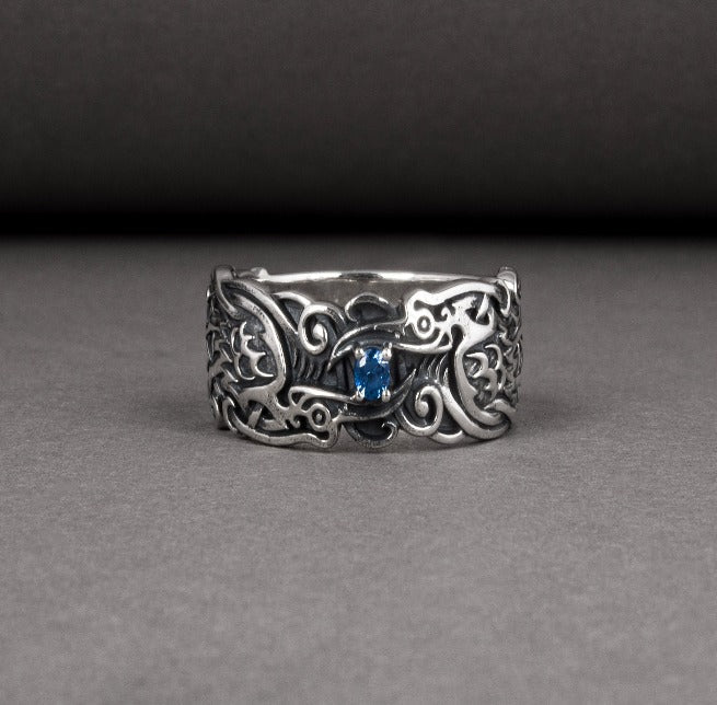 Handcrafted 925 silver Viking ring with Ravens and unique ornament, ancient norse jewelry