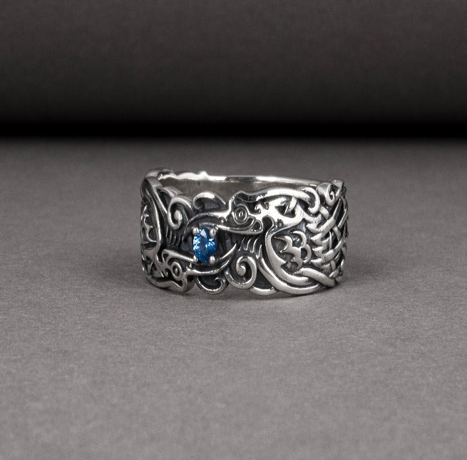 Handcrafted 925 silver Viking ring with Ravens and unique ornament, ancient norse jewelry