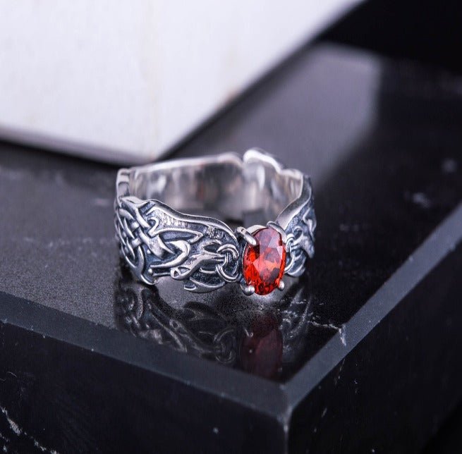 Viking Ring with CZ and Norse Ornament Sterling Silver Viking Jewelry