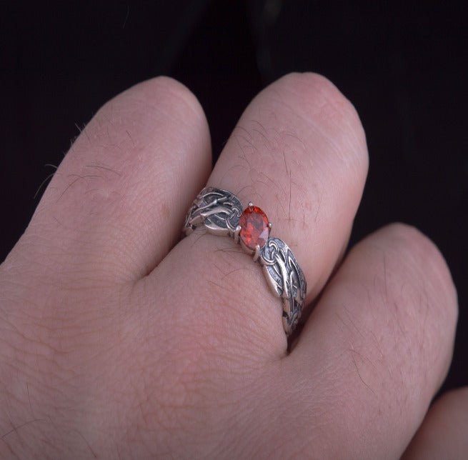 Viking Ring with CZ and Norse Ornament Sterling Silver Viking Jewelry