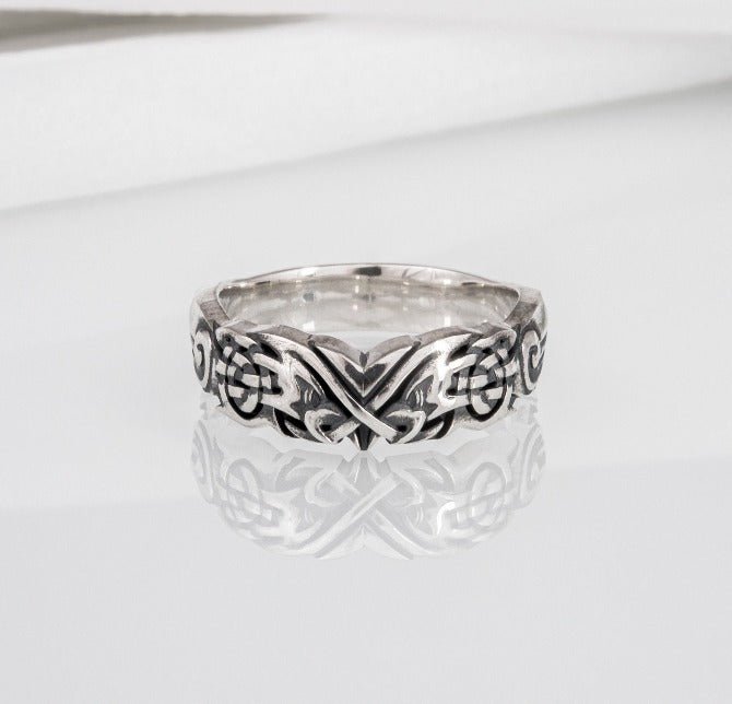 Handmade 925 silver Viking ring with ravens and brutal ancient ornament, unique jewelry