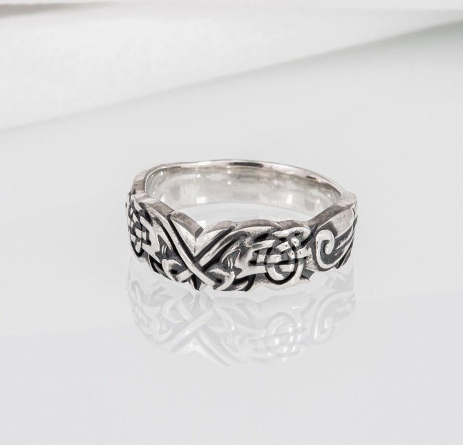 Handmade 925 silver Viking ring with ravens and brutal ancient ornament, unique jewelry