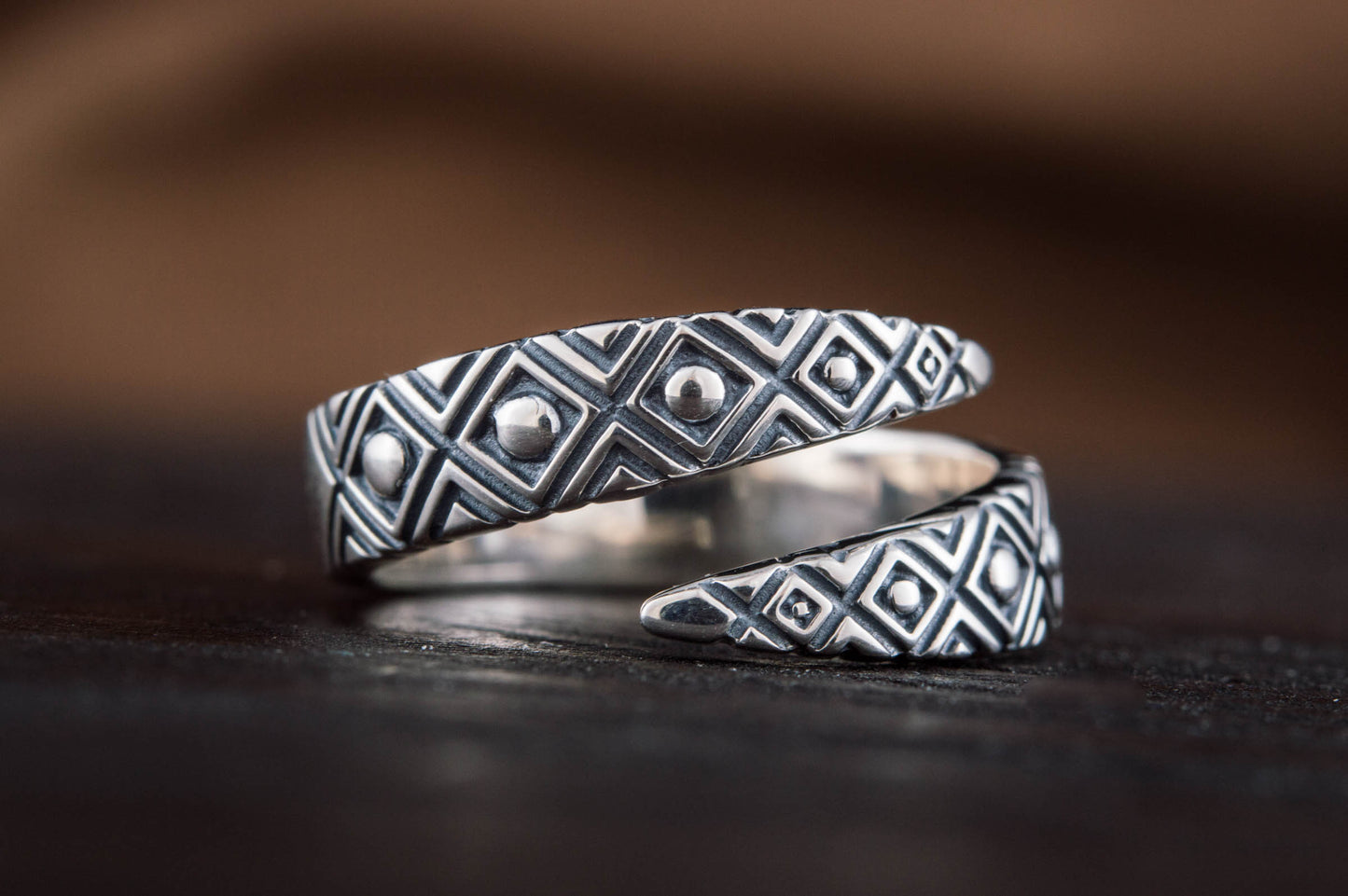 Snake Style Ring with Geometry Ornament Sterling Silver Jewelry