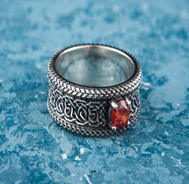 Norse Ornament Ring with CZ Sterling Silver Handmade Viking Jewelry