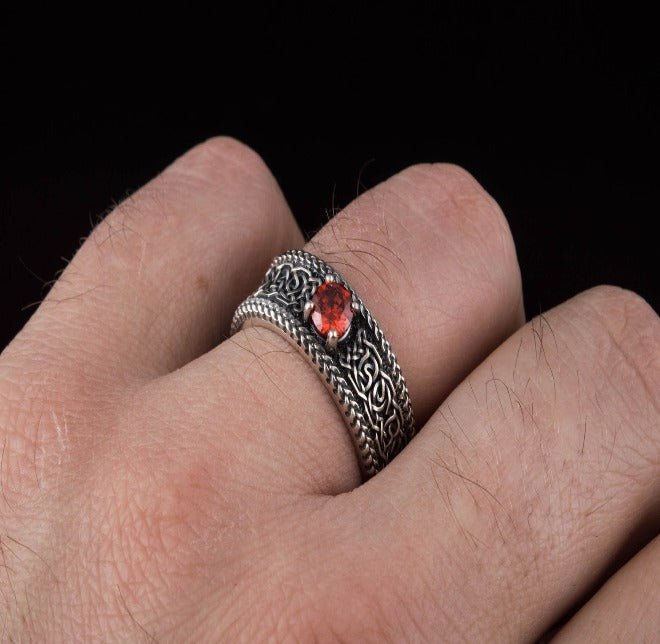 Norse Ornament Ring with CZ Sterling Silver Handmade Viking Jewelry