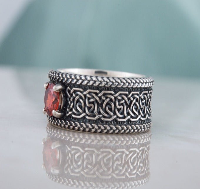 Norse Ornament Ring with CZ Sterling Silver Handmade Viking Jewelry