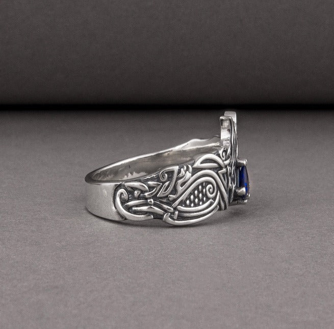 Unique Viking ravens ring with blue gem, handcrafted norse ornament jewelry