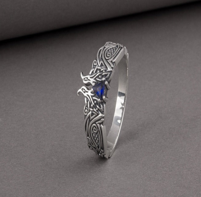 Unique Viking ravens ring with blue gem, handcrafted norse ornament jewelry