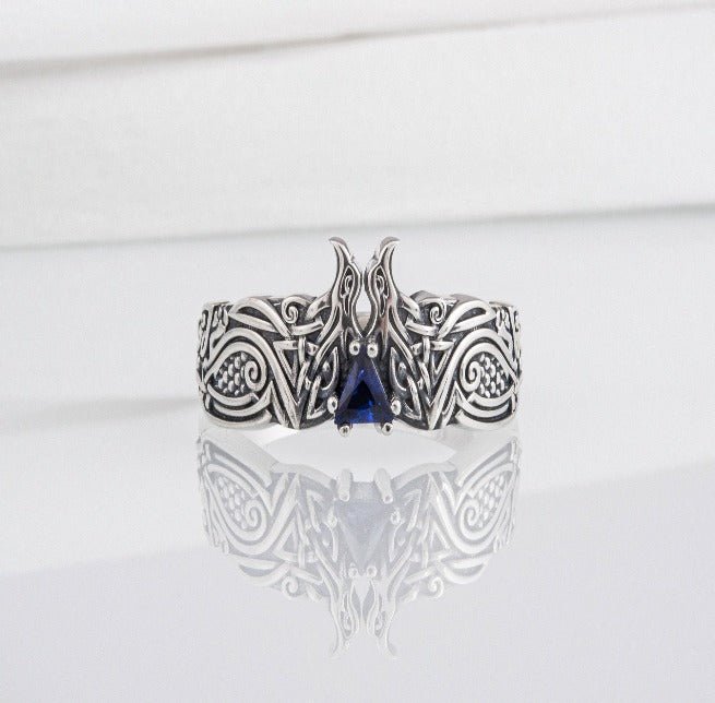 Unique Viking ravens ring with blue gem, handcrafted norse ornament jewelry