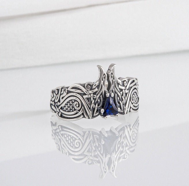 Unique Viking ravens ring with blue gem, handcrafted norse ornament jewelry