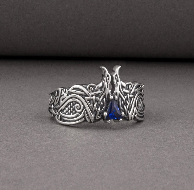 Unique Viking ravens ring with blue gem, handcrafted norse ornament jewelry