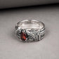 925 silver Viking ring with Norse wolf Fenrir and gem, unique handcrafted jewelry