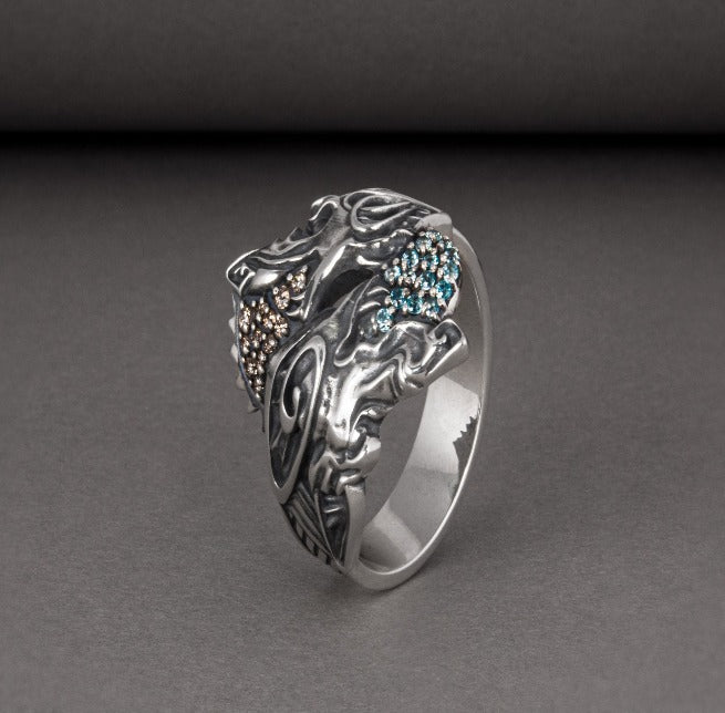 Unique Ancient Viking ring with wolfs Hati and Skoll, handcrafted Norse jewelry