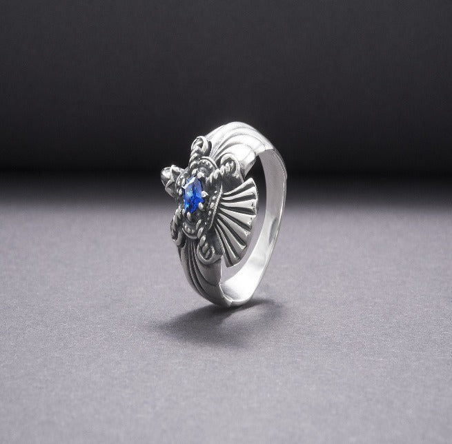 925 Silver Handmade Ring With Raven And Blue Gem, Handcrafted Jewelry