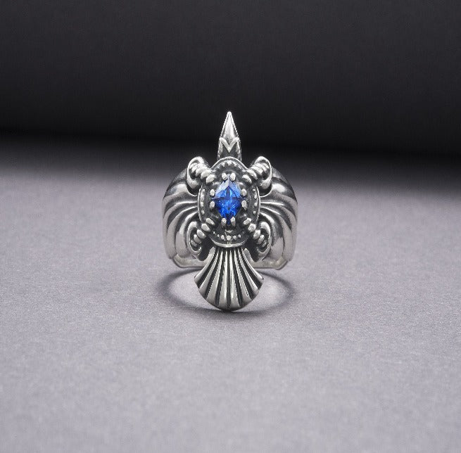 925 Silver Handmade Ring With Raven And Blue Gem, Handcrafted Jewelry