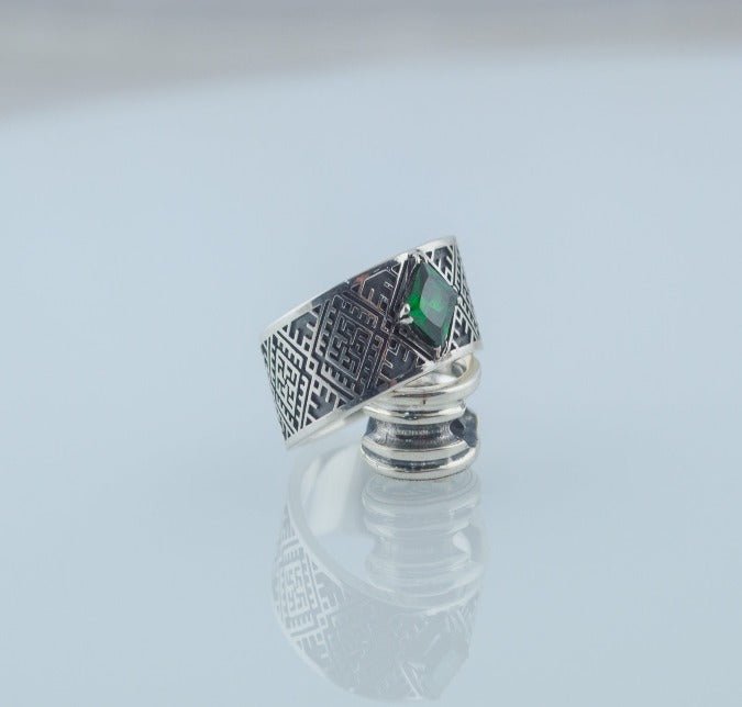 Slavic Ornament Ring with Cubic Zirconia Sterling Silver Pagan Jewelry