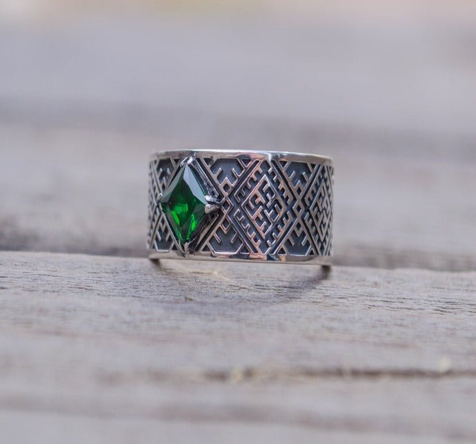 Slavic Ornament Ring with Cubic Zirconia Sterling Silver Pagan Jewelry