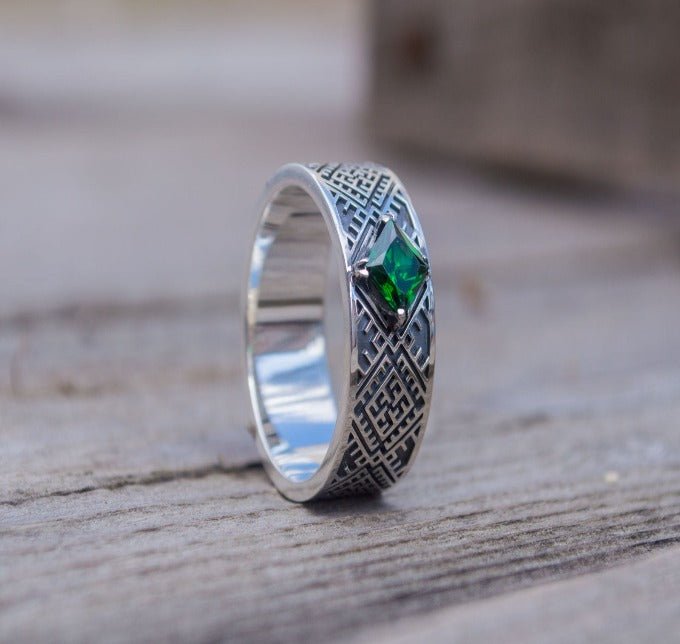 Slavic Ornament Ring with Cubic Zirconia Sterling Silver Pagan Jewelry