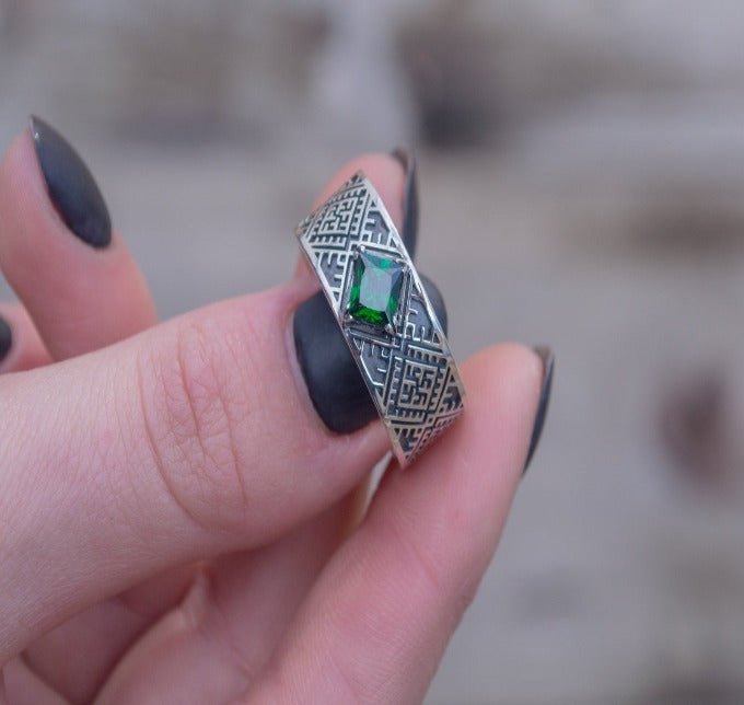 Slavic Ornament Ring with Cubic Zirconia Sterling Silver Pagan Jewelry
