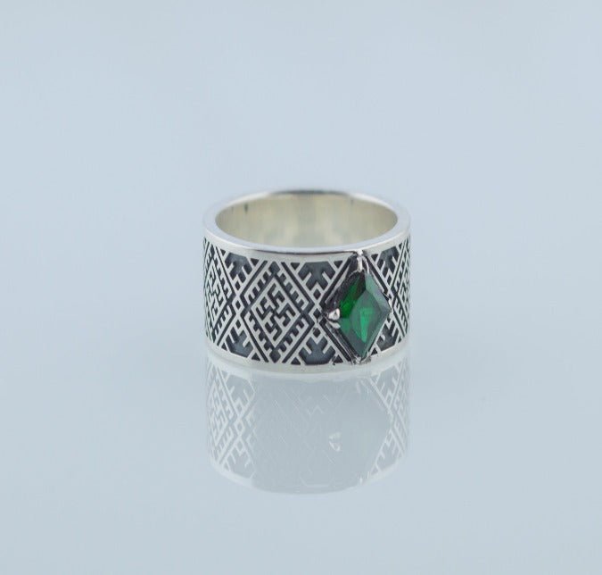 Slavic Ornament Ring with Cubic Zirconia Sterling Silver Pagan Jewelry