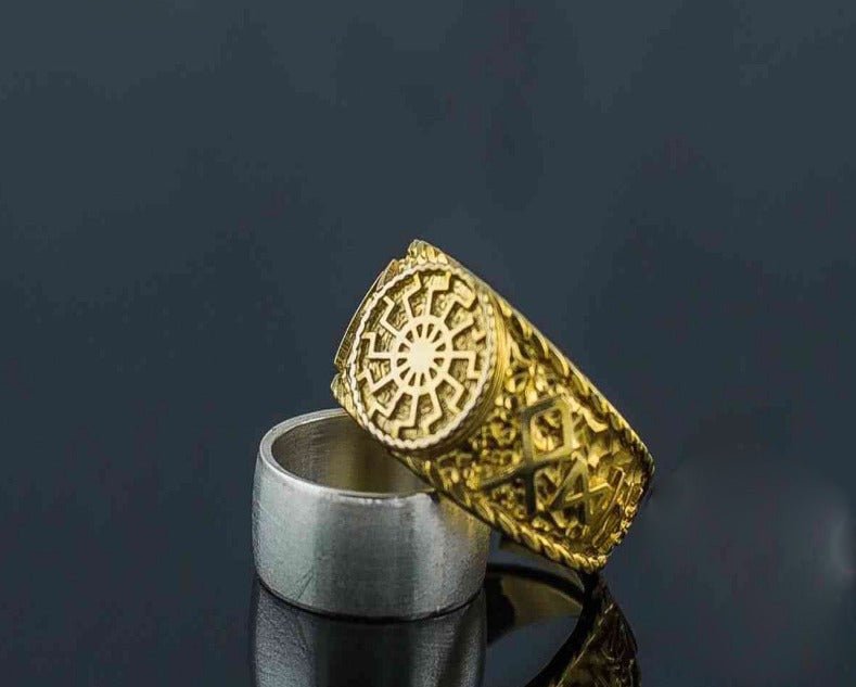 14K Gold Black Sun Ring with HAIL ODIN Runes Viking Jewelry