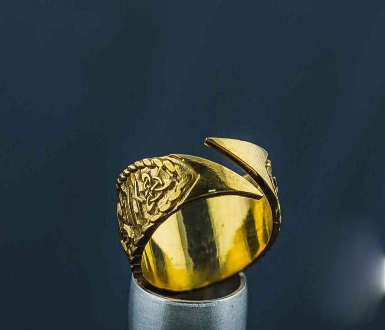 14K Gold Black Sun Ring with HAIL ODIN Runes Viking Jewelry