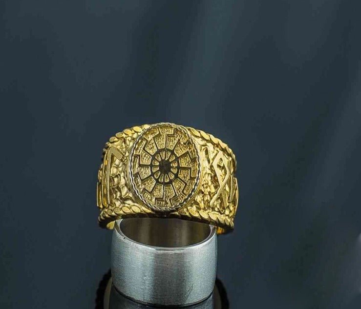 14K Gold Black Sun Ring with HAIL ODIN Runes Viking Jewelry