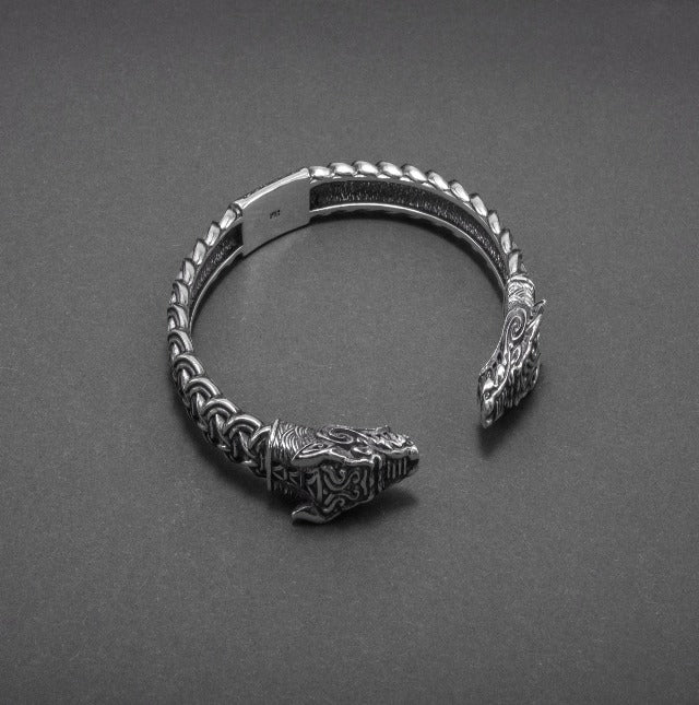 Viking Dragon Bracelet (Torc style) in Silver