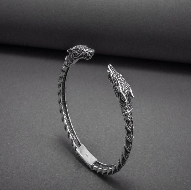 Viking Dragon Bracelet (Torc style) in Silver