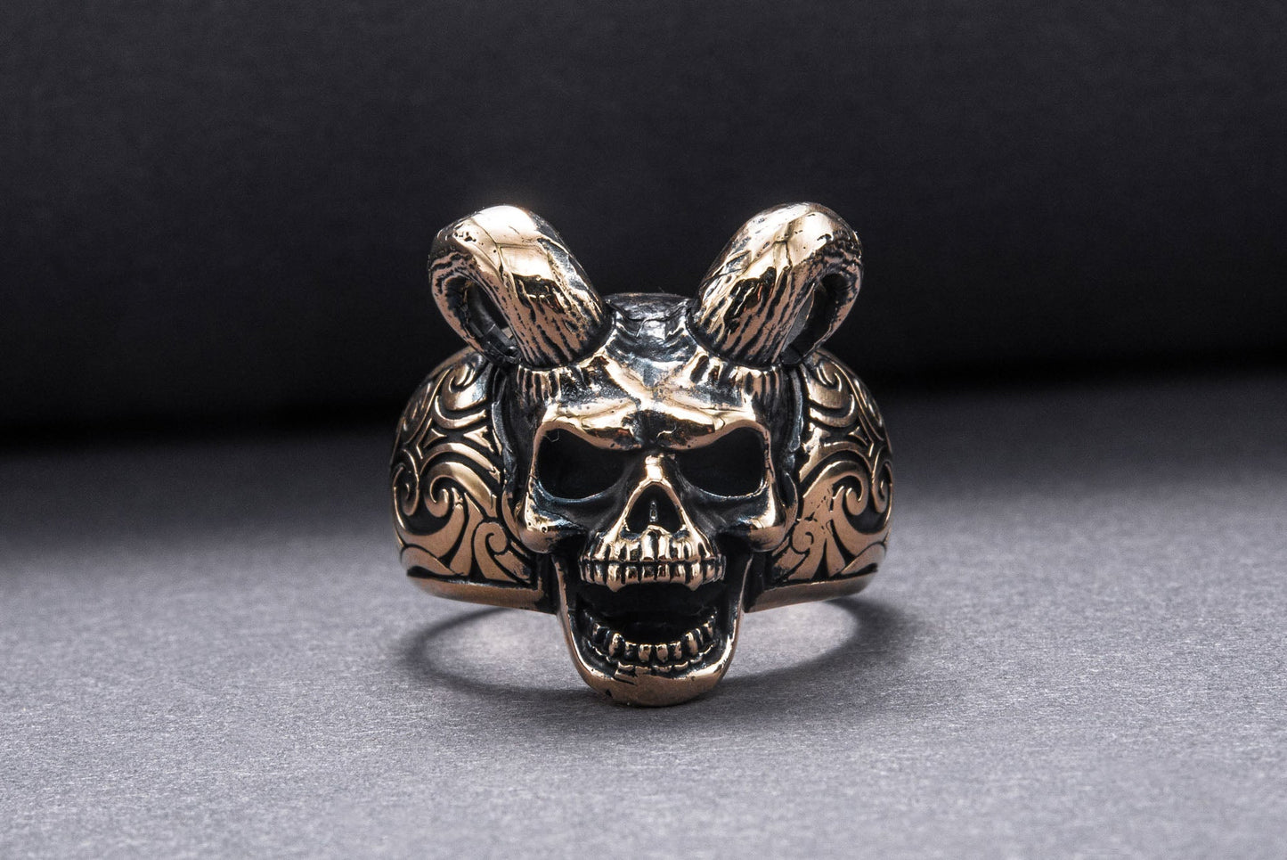 Skull with Horns Ring Bronze Handmade Jewelry