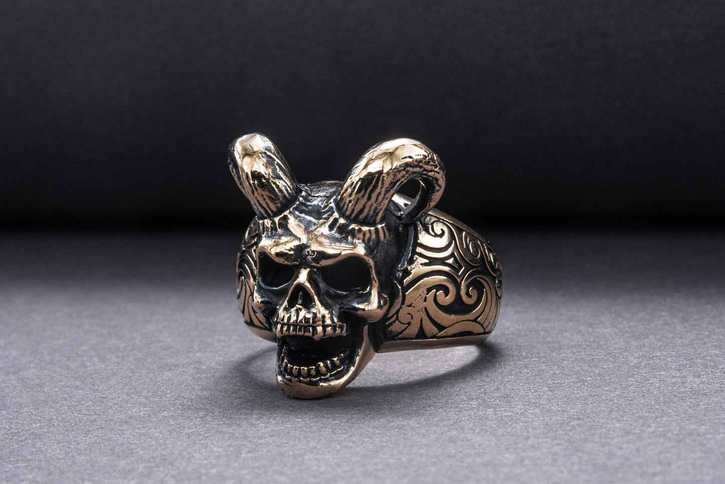 Skull with Horns Ring Bronze Handmade Jewelry