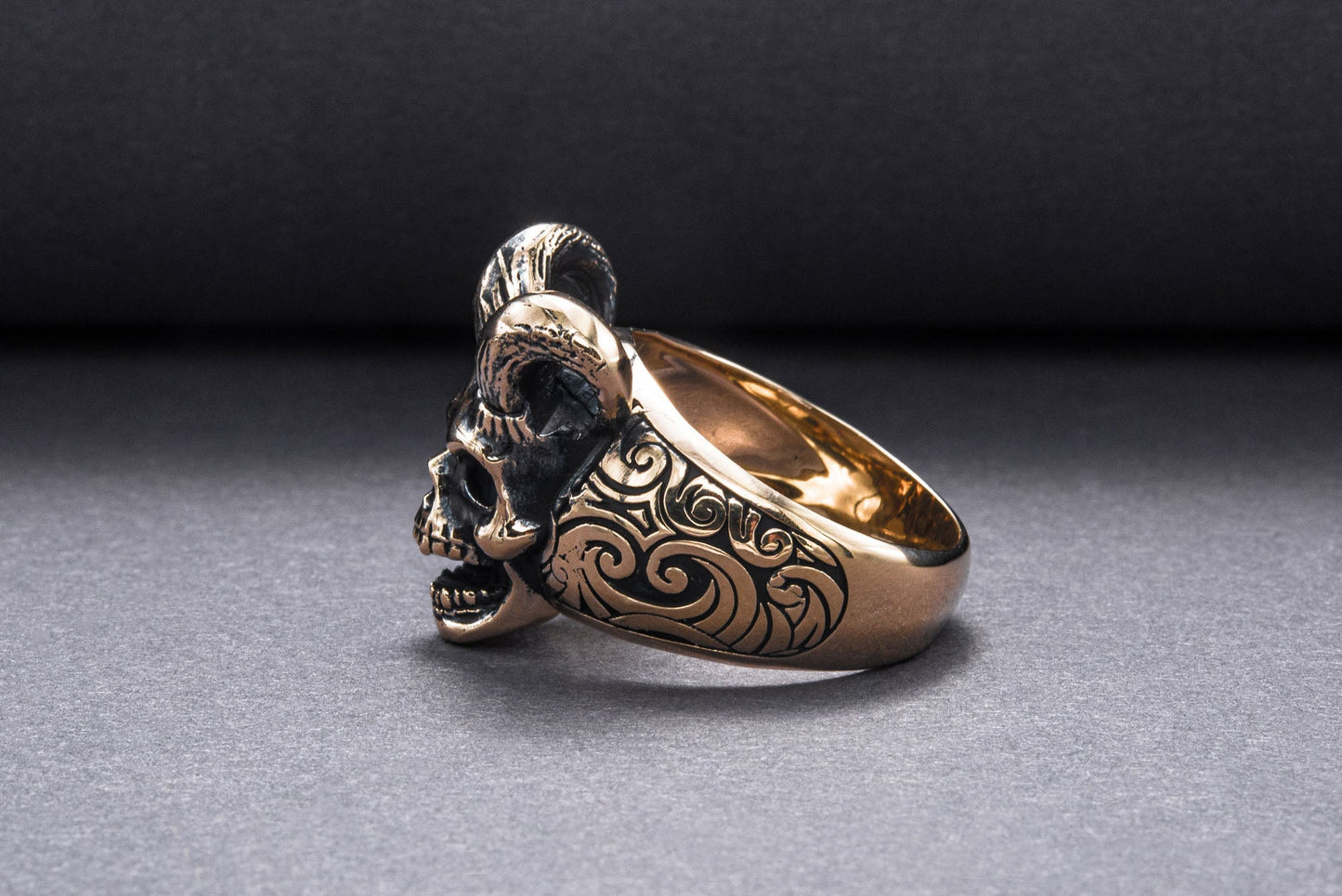 Skull with Horns Ring Bronze Handmade Jewelry