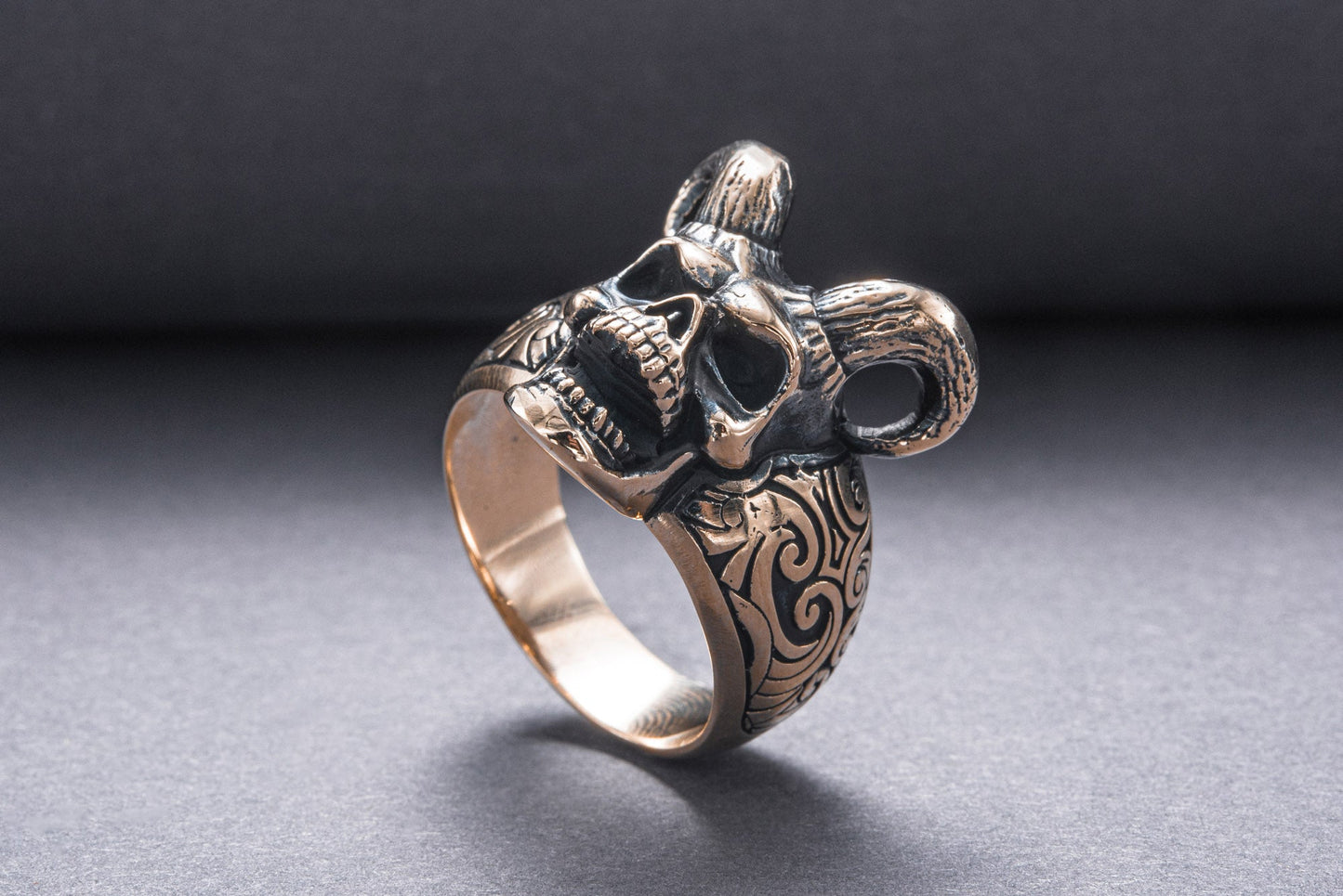 Skull with Horns Ring Bronze Handmade Jewelry